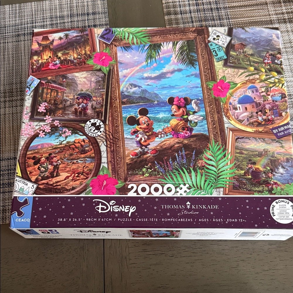 Thomas Kinkade Disney Puzzle — Tropical Mickey & Minnie in Bright Blue and Green